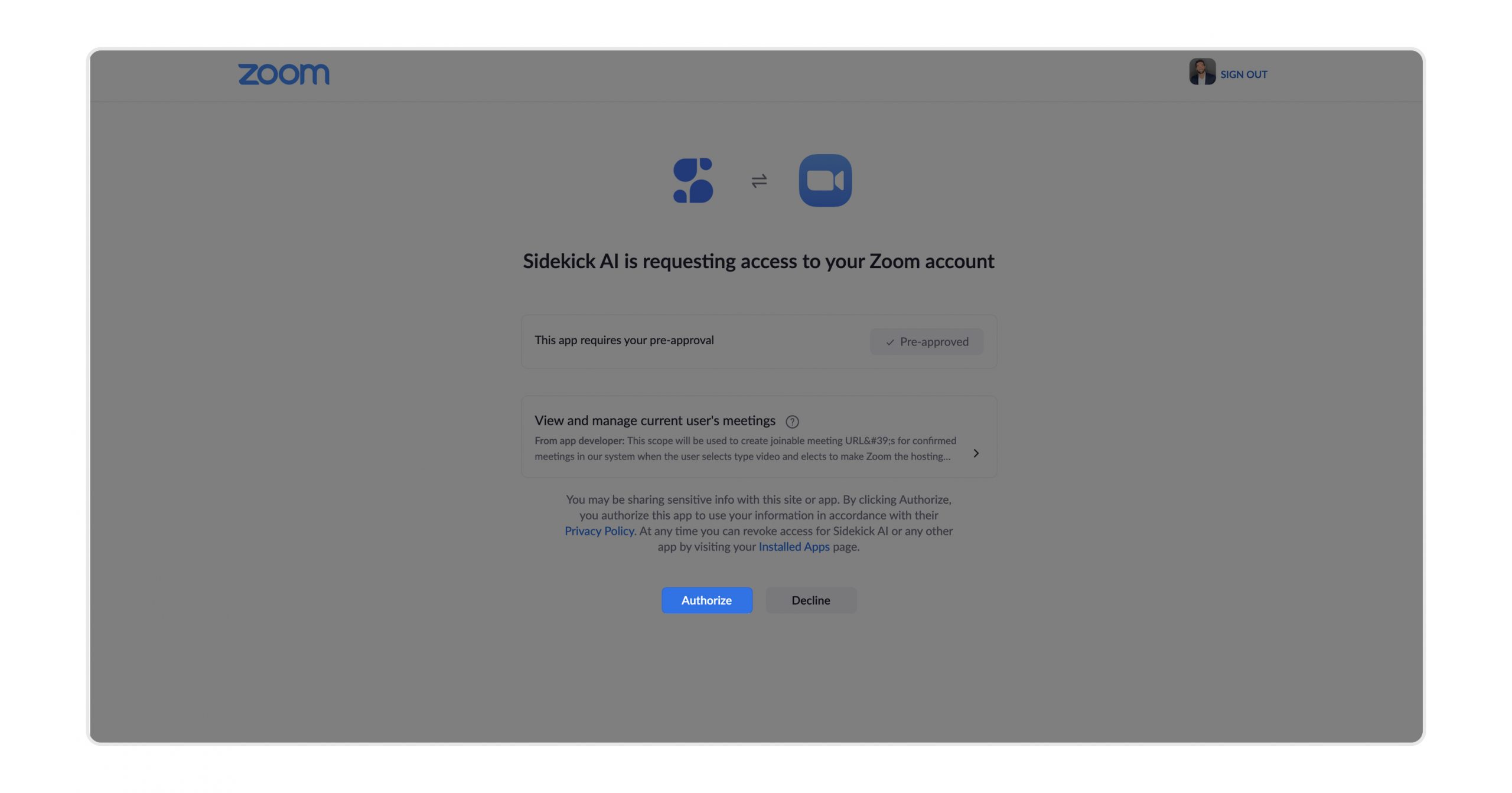 Authorize Sidekick Ai with Zoom